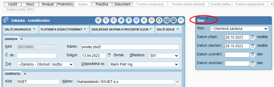 evidence stavů zakázek