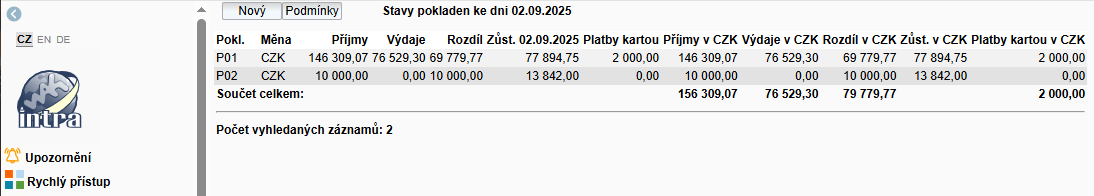 Pokladna - zobrazení stavu pokladny